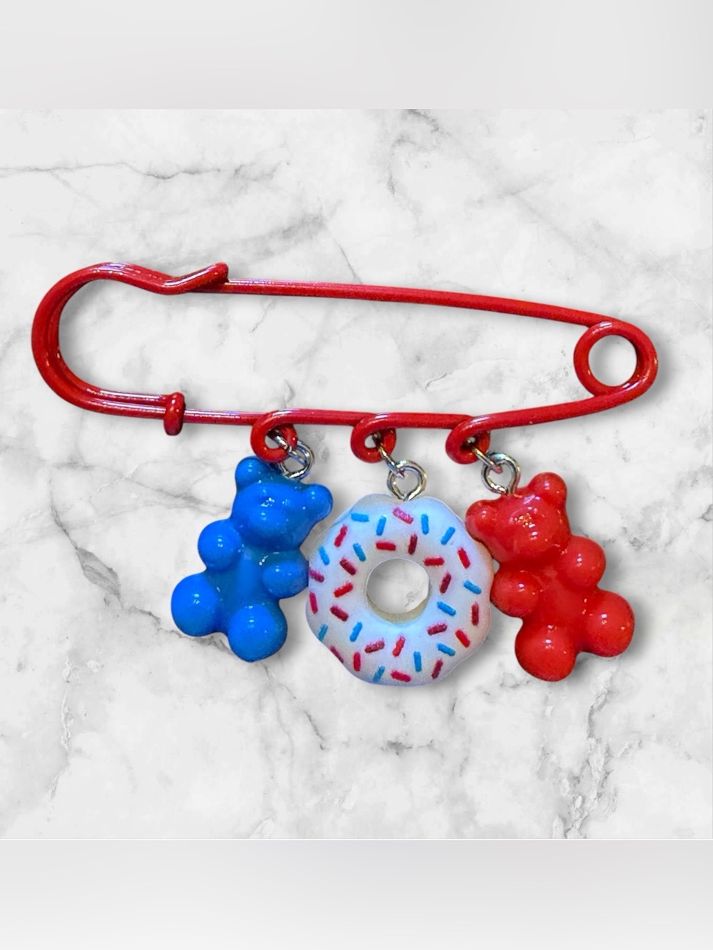Red Safety Pin Charm Brooch with Blue & Red Gummy Bears and Donut Charm